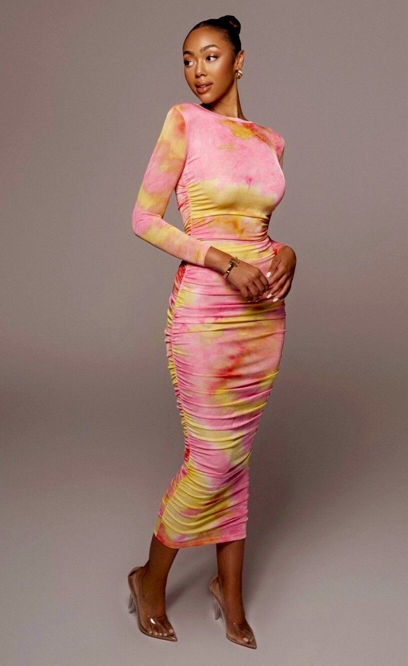 NWT JLUXLABEL Sz S Bodycon Ruched Maxi Dress Tie Dye Slinky Pink Yellow Revolve